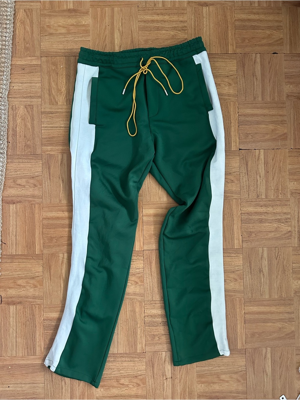 Rhude Green Joggers with White Side Panels and Yellow Drawstring